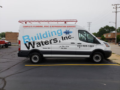Building Waters Commercial Van Decal Graphic Plumbing HVAC Wrap Ford Transit Kansasville Wisconsin