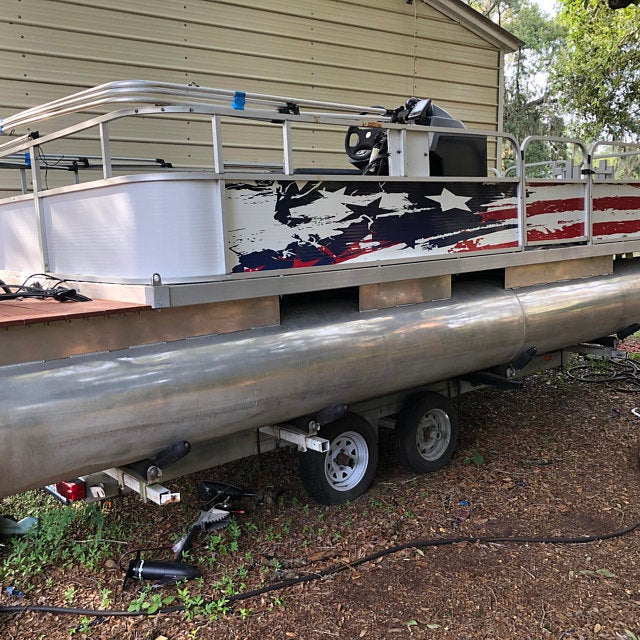 Boat Wrap Graphic Decal Fish Bass Racine Wisconsin Rear Transom Pontoon Distressed American Flag