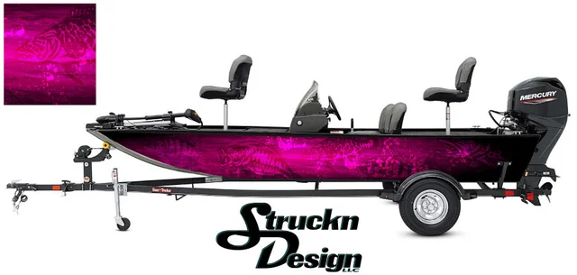 Black Hunter Pink Water Perch Musky Bass Fishing Fish Boat Design Grunge  Abstract Pontoon Vinyl Graphic Wrap Kit Decal Crappie Various Sizes DIY USA