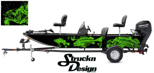 Black Lime Green Skeletons Bass Fishing Fish Boat Design Grunge Abstract  Pontoon Vinyl Graphic Wrap Kit Decal Cast Material Various Sizes US DIY