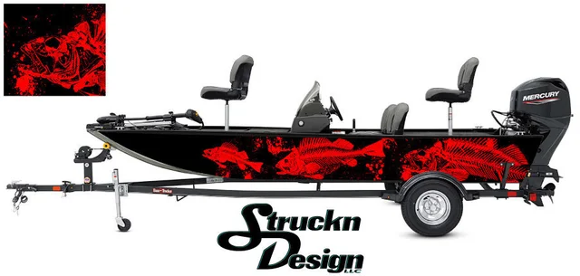 Black Red Skeletons Swirl Bass Fishing Fish Boat Design Grunge