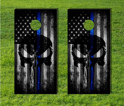 American Flag Grayscale Skull Blue Lives Matter Cornhole Corn Hole Board  Game Decal US USA Quality Bag Toss Laminated Graphic Wrap Vinyl US