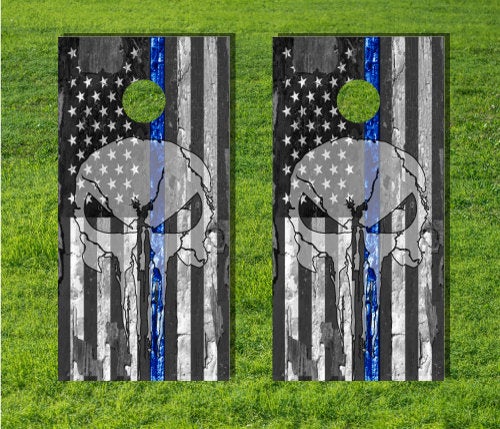 American Flag Grayscale Skull Blue Lives Matter Cornhole USA Corn Hole  Board Game Decal US Quality Bag Toss Laminated Graphic Wrap Vinyl US
