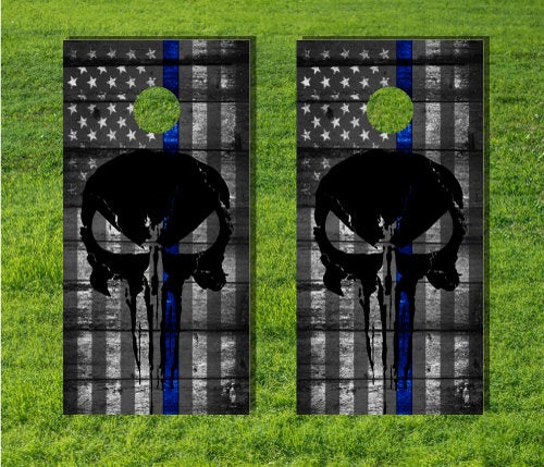American Flag Grayscale Skull Blue Lives Matter Cornhole Corn Hole Board  Game Decal Wood Quality Bag Toss Laminated Graphic Wrap Vinyl US USA
