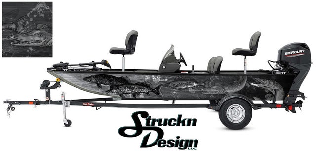 Distressed Pike Walleye Grayscale Hunting Bass Fishing Fish Boat Design  Grunge Abstract Pontoon Vinyl Graphic Wrap Kit Decal Various Sizes DIY US
