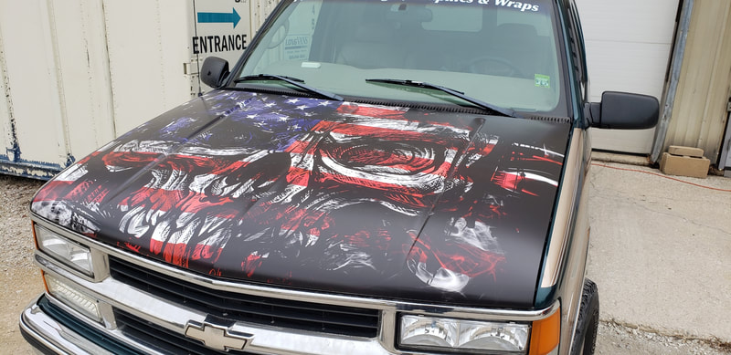 Vehicle Graphic Hood Wrap Installation Racine Kenosha Wisconsin American Flag Skull (1)