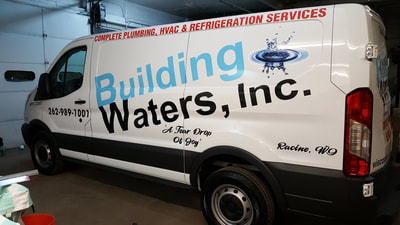 Building Waters Commercial Van Decal Graphic Plumbing HVAC Wrap Ford Transit Racine Wisconsin