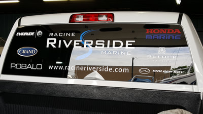 Racine Riverside Marine Rear Window Decal Graphic Robalo Evinrude Walker Bay Pick Up Graphic Wisconsin