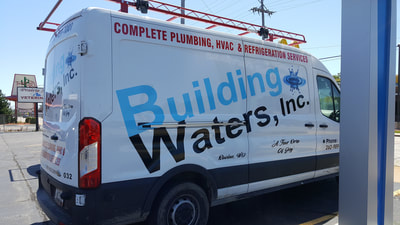 Building Waters Commercial Van Decal Graphic Plumbing HVAC Wrap Ford Transit Racine Wisconsin
