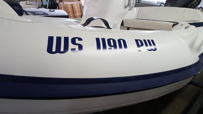 Boat Decal Graphic Racine Riverside Vinyl Name DMV Numbers DNR Registration Wisconsin Inflatable Grand Gala