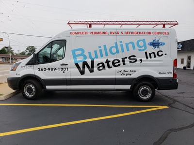 Building Waters Commercial Van Decal Graphic Plumbing HVAC Wrap Ford Transit Kansasville Wisconsin
