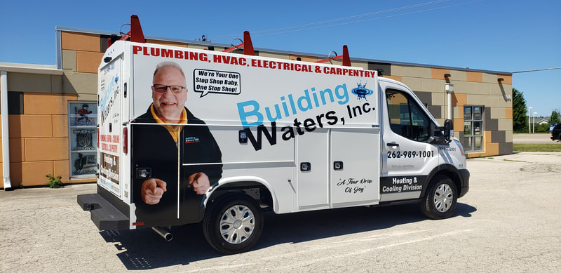 Building Waters Commercial Knapheide Utility Box Van Decal Graphic Plumbing HVAC Wrap Ford Transit Racine Wisconsin