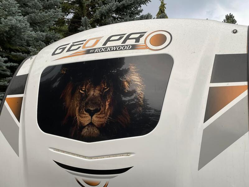 Custom Lion Perforated Rear Window Decal RV Trailer Camper Racine Kenosha Wisconsin
