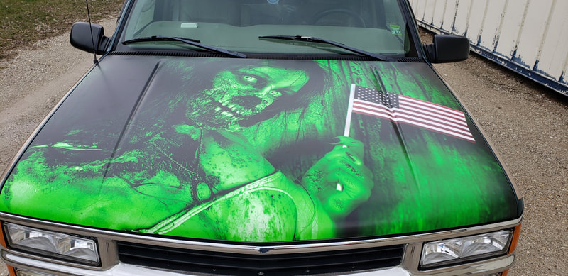 Custom Zombie Hood Wrap Vehicle Graphic Lime Green USA American Flag Racine Kenosha Wisconsin StrucknDesign Tahoe (3)