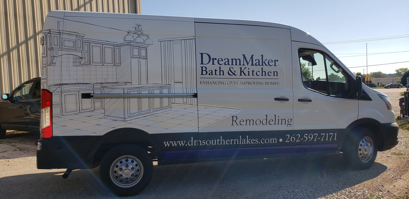 DreamMaker Bath Kitchen Remodeling Vehicle Wrap Graphic Ford Transit Installation Commercial Business Racine Wisconsin