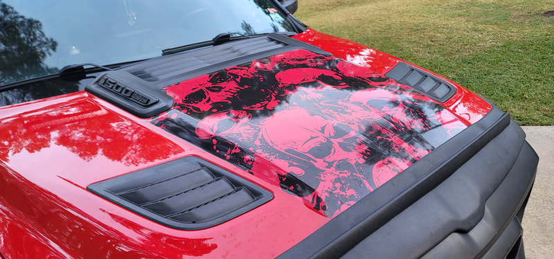 Bright Red Skulls Distressed Black Abstract Car Pickup SUV Truck Hood Wrap Vinyl Grunge Graphic Decal 58x65in US Made Cast Laminated Option