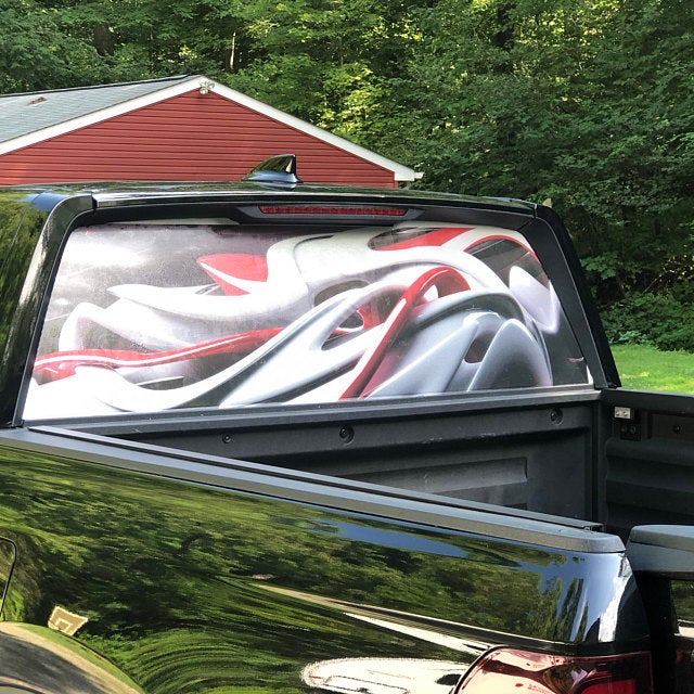 Design 3D Red White Printed Rear Window Decal Graphic Truck Pickup Perf Vinyl Perforated