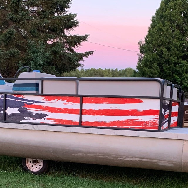 Pontoon Boat Graphic Wrap Distressed American Flag USA Tiki Racine Kenosha Calendonia Wisconsin