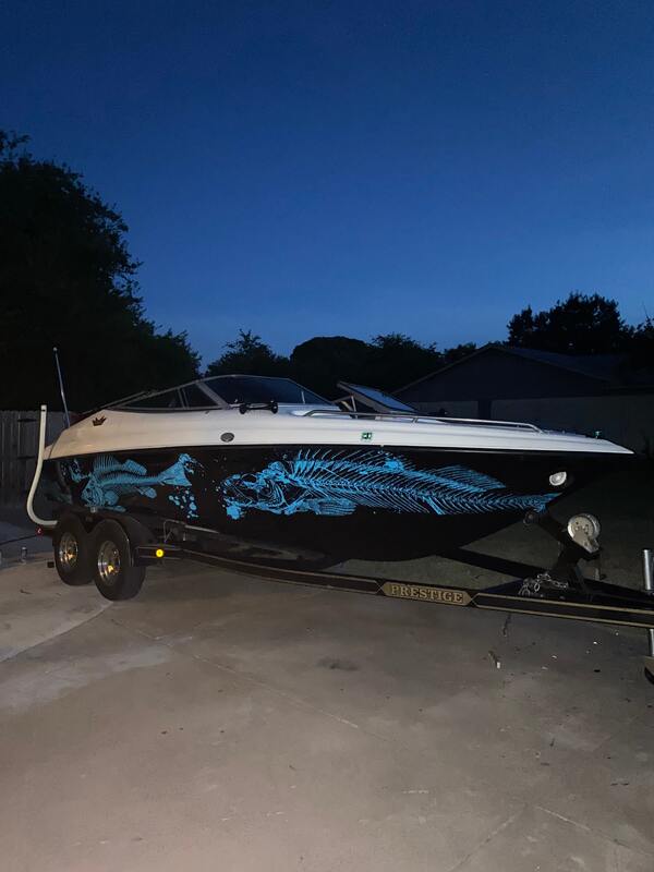 Pontoon Boat Graphic Wrap Distressed American Flag USA Tiki Racine Kenosha Calendonia Wisconsin Fish Skulls Bass