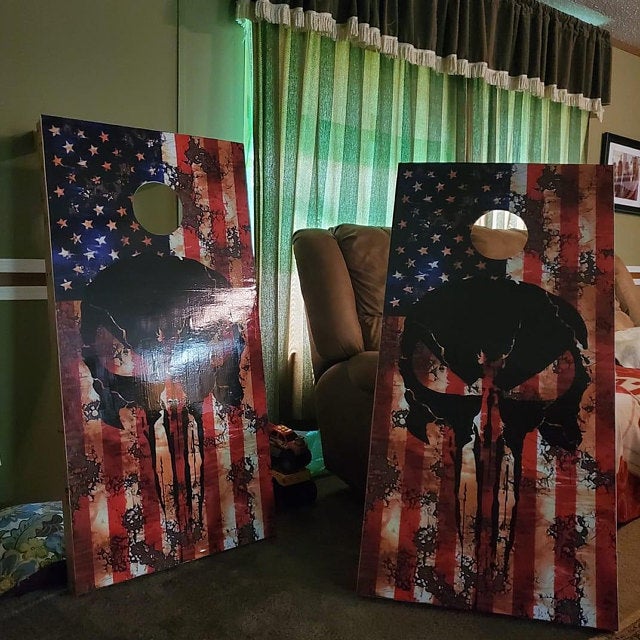 Skull American Flag Distressed Cornhole Hole Board Vinyl Decal Wrap  Racine Wisconsin
