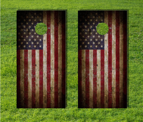 Pair Of Old American Flag Distressed Wood Cornhole Board Vinyl Decal Wrap Wraps 