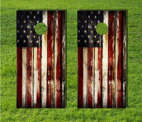 Pair Amercian Flag Ghosted Flames Decals Cornhole Game Board Wraps 