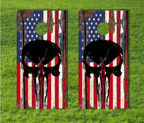 PAIR American Flag Skull Cornhole Board Wraps Skull Punisher Decal Vinyl Sticker 